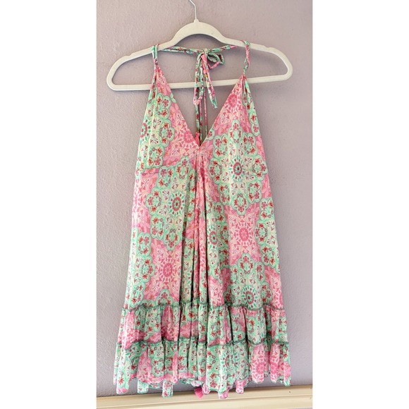 Karma Highway Dresses & Skirts - Karma Highway Pink Green Mandala Print Halter Mini Dress Boho Beach One Size